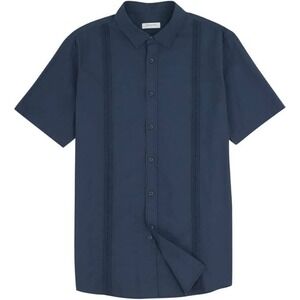 MSRP $20 JEKAOYI Men's M Navy Blue Casual Button Down Short Sleeve Shirt Linen